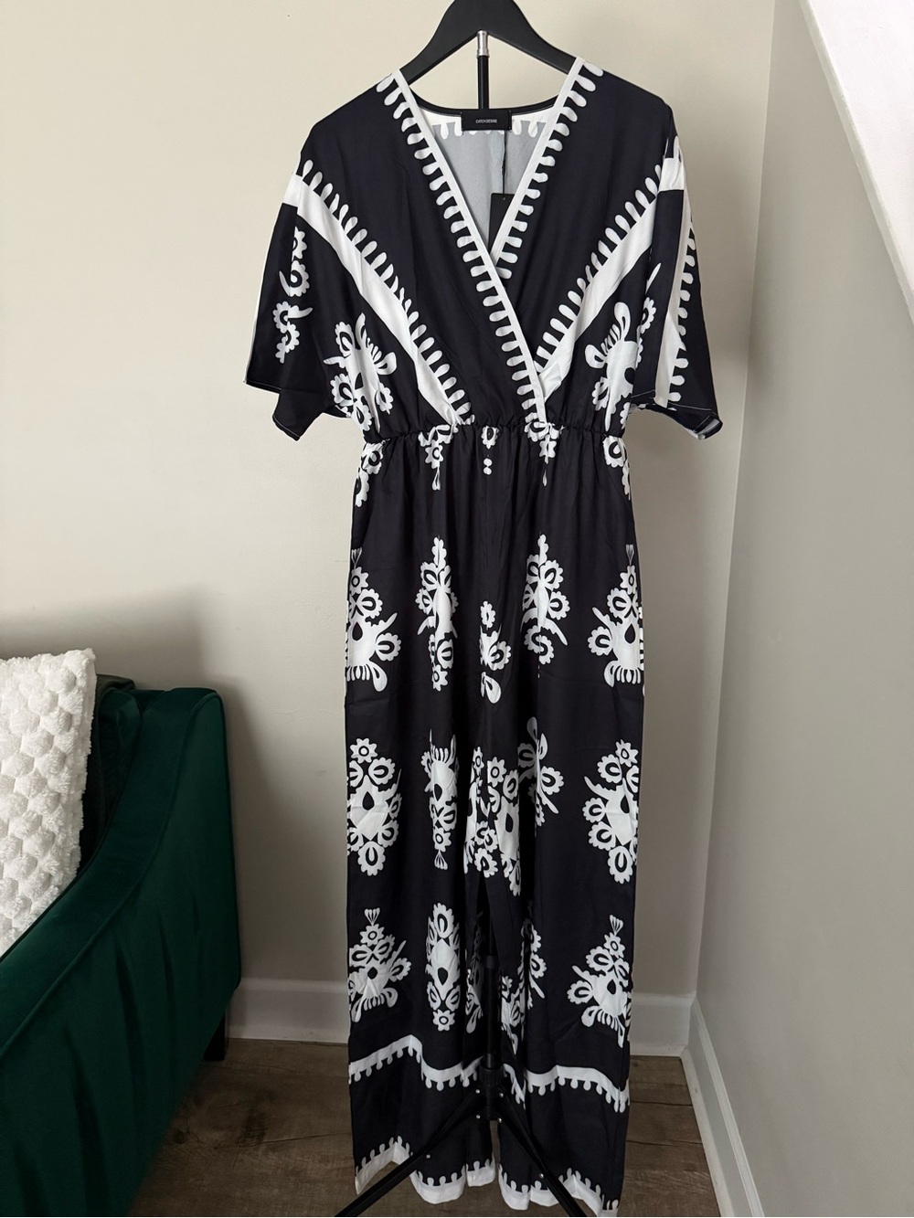 Black & White Printed V-Neck Wrap Maxi Jumpsuit